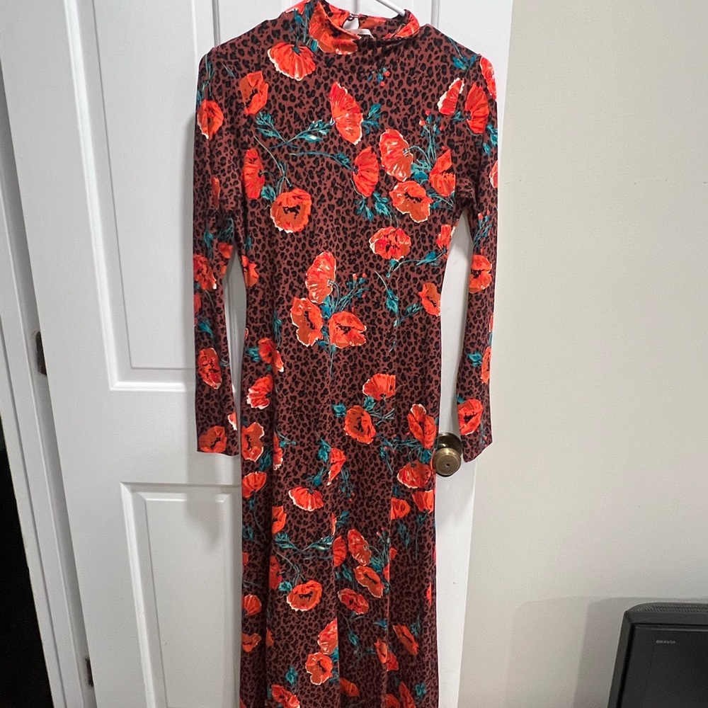 Free People Red and Black Floral Long Sleeve Dress